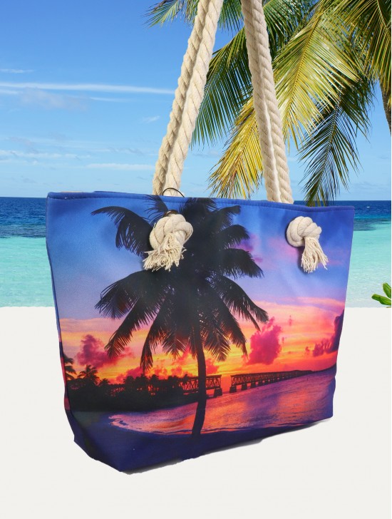 Canvas Palm Tree Print Shoulder Tote